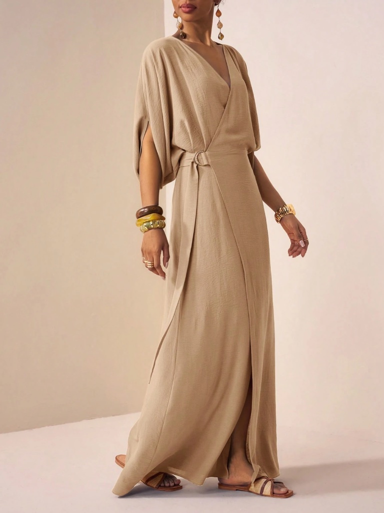 Shein Xl Peachy Beige Wrap Dress Dolman Sleeve